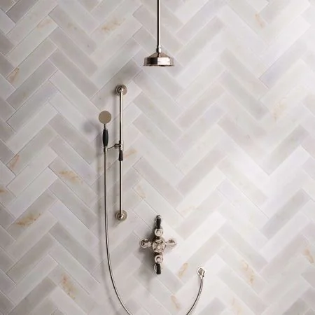 Linton Dual Outlet Semi Exposed Shower with Slider Rail, 210mm Ceiling Arm, 6" Rose & Black Levers in Polished Nickel