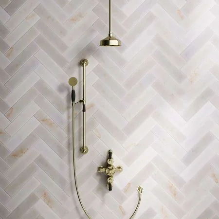 Linton Dual Outlet Shower Kit - Semi-Exposed Valve - 6 inch Rose - Black Ceramic Lever - Handshower Slider-Rail - Ceiling Mounted Rose - Timeless Brass