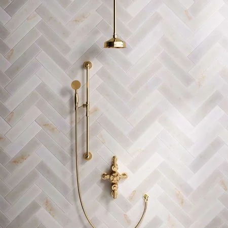 Linton Dual Outlet Shower Kit - Semi-Exposed Valve - 6 inch Rose - Metal Lever - Handshower Slider-Rail - Ceiling Mounted Rose - Living Brass