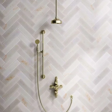 Linton Dual Outlet Shower Kit - Semi-Exposed Valve - 6 inch Rose - Metal Lever - Handshower Slider-Rail - Ceiling Mounted Rose - Timeless Brass