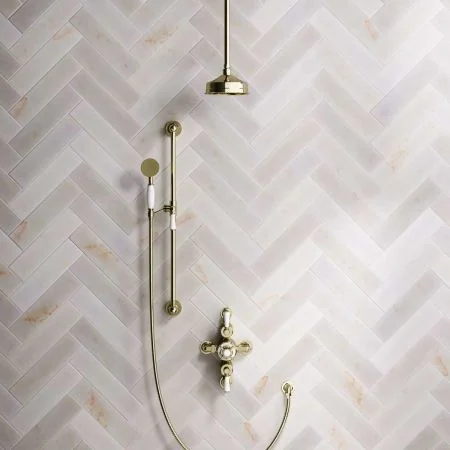 Linton Classic Dual Outlet Shower Kit - Semi-Exposed Valve - 6 inch Rose - White Ceramic Lever - Handshower Slider-Rail - Ceiling Mounted Rose - Timeless Brass