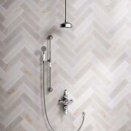 Linton Dual Outlet Semi Exposed Shower with Slider Rail, 210mm Ceiling Arm, 6" Rose & White Levers in Chrome