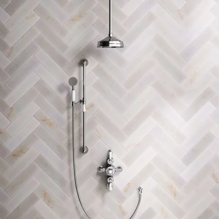 Linton Classic Dual Outlet Semi Exposed Shower with Slider Rail, 210mm Ceiling Arm, 8" Rose & White Levers in Chrome