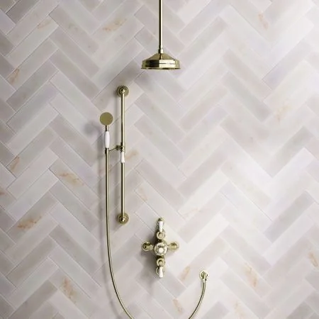 Linton Classic Dual Outlet Shower Kit - Semi-Exposed Valve - 8 inch Rose - White Ceramic Lever - Handshower Slider-Rail - Ceiling Mounted Rose - Timeless Brass