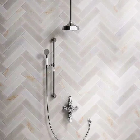 Linton Dual Outlet Semi Exposed Shower with Slider Rail, 210mm Ceiling Arm, 8" Rose & White Levers in Chrome