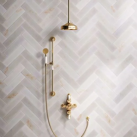 Linton Dual Outlet Shower Kit - Semi-Exposed Valve - 8 inch Rose - White Ceramic Lever - Handshower Slider-Rail - Ceiling Mounted Rose - Living Brass