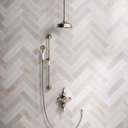 Linton Dual Outlet Semi Exposed Shower with Slider Rail, 210mm Ceiling Arm, 8" Rose & White Levers in Polished Nickel