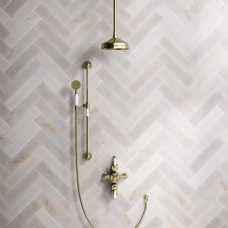 Linton Dual Outlet Shower Kit - Semi-Exposed Valve - 8 inch Rose - White Ceramic Lever - Handshower Slider-Rail - Ceiling Mounted Rose - Timeless Brass