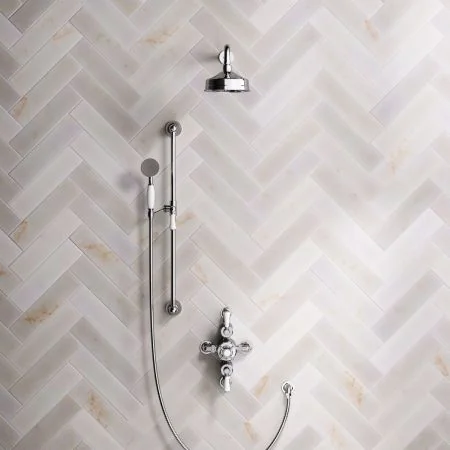 Linton Classic Dual Outlet Semi Exposed Shower with Slider Rail, 500mm Wall Arm, 6" Rose & White Levers in Chrome