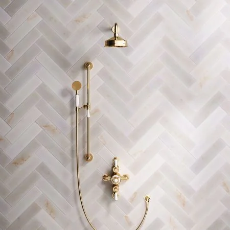 Linton Classic Dual Outlet Shower Kit - Semi-Exposed Valve - 6 inch Rose - White Ceramic Lever - Handshower Slider-Rail - Living Brass