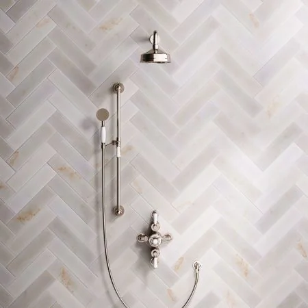 Linton Classic Dual Outlet Semi Exposed Shower with Slider Rail, 500mm Wall Arm, 6" Rose & White Levers in Polished Nickel
