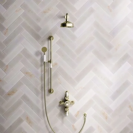 Linton Classic Dual Outlet Shower Kit - Semi-Exposed Valve - 6 inch Rose - 500mm Shower Arm - White Ceramic Lever - Handshower Slider-Rail - Timeless Brass