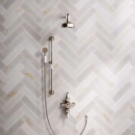 Linton Dual Outlet Semi Exposed Shower with Slider Rail, 500mm Wall Arm, 6" Rose & White Levers in Polished Nickel