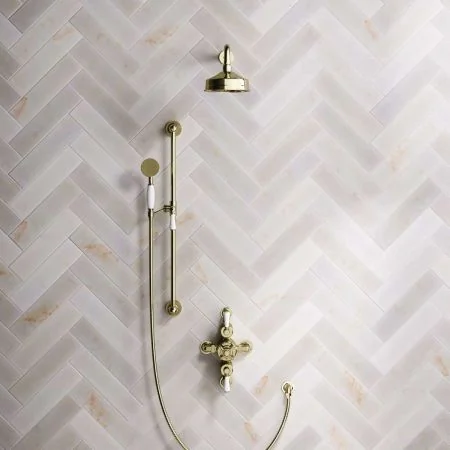 Linton Dual Outlet Shower Kit - Semi-Exposed Valve - 6 inch Rose - 500mm Shower Arm - White Ceramic Lever - Handshower Slider-Rail - Timeless Brass