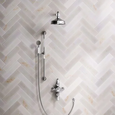 Linton Classic Dual Outlet Semi Exposed Shower with Slider Rail, 500mm Wall Arm, 8" Rose & White Levers in Chrome