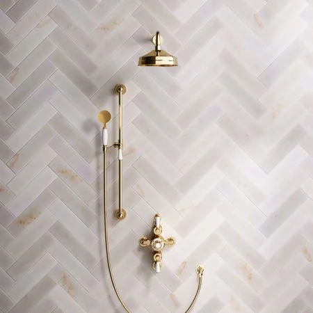 Linton Classic Dual Outlet Shower Kit - Semi-Exposed Valve - 8 inch Rose - White Ceramic Lever - Handshower Slider-Rail - Living Brass