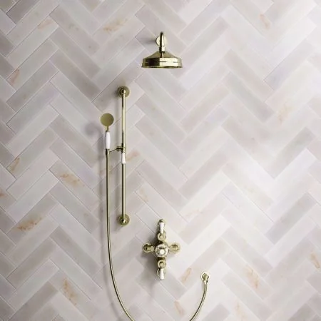 Linton Classic Dual Outlet Shower Kit - Semi-Exposed Valve - 8 inch Rose - 500mm Shower Arm - White Ceramic Lever - Handshower Slider-Rail - Timeless Brass