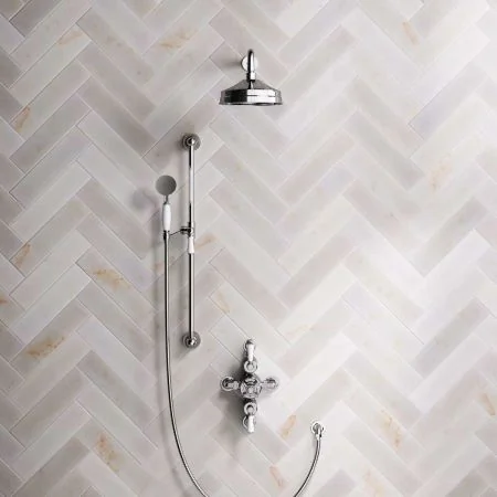 Linton Dual Outlet Semi Exposed Shower with Slider Rail, 500mm Wall Arm, 8" Rose & White Levers in Chrome