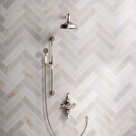 Linton Dual Outlet Semi Exposed Shower with Slider Rail, 500mm Wall Arm, 8" Rose & White Levers in Polished Nickel