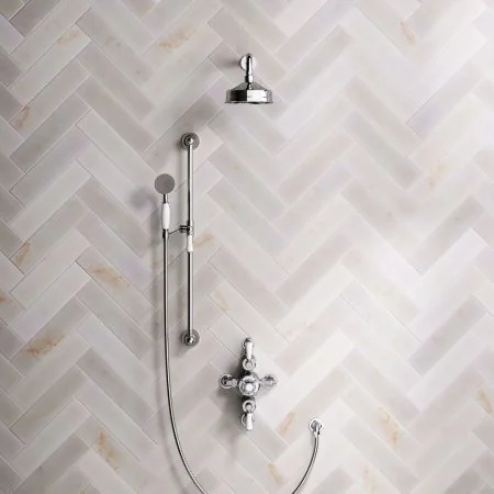 Linton Classic Dual Outlet Semi Exposed Shower with Slider Rail, 300mm Wall Arm, 6" Rose & White Levers in Chrome