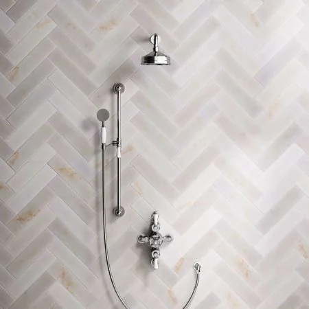 Linton Dual Outlet Semi Exposed Shower with Slider Rail, 300mm Wall Arm, 6" Rose & White Levers in Chrome