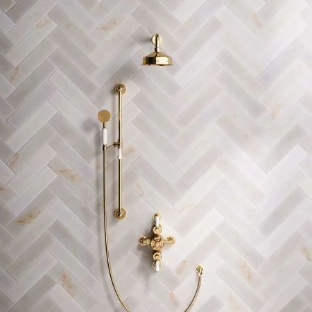 Linton Dual Outlet Shower Kit - Semi-Exposed Valve - 6 inch Rose - White Ceramic Lever - Handshower Slider-Rail - Living Brass