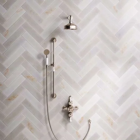 Linton Dual Outlet Semi Exposed Shower with Slider Rail, 300mm Wall Arm, 6" Rose & White Levers in Polished Nickel