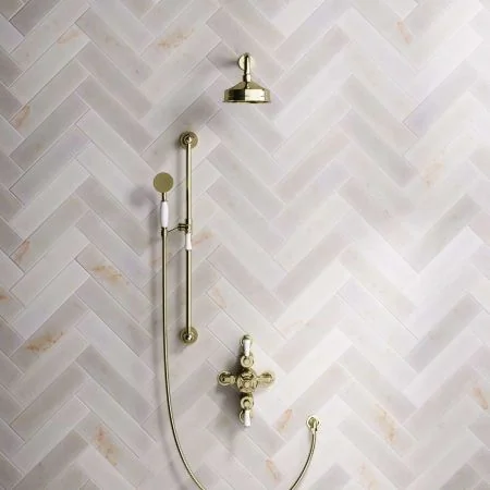 Linton Dual Outlet Shower Kit - Semi-Exposed Valve - 6 inch Rose - White Ceramic Lever - Handshower Slider-Rail - Timeless Brass