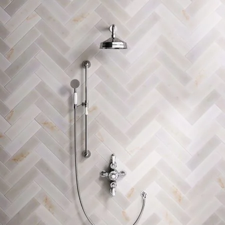 Linton Classic Dual Outlet Semi Exposed Shower with Slider Rail, 300mm Wall Arm, 8" Rose & White Levers in Chrome