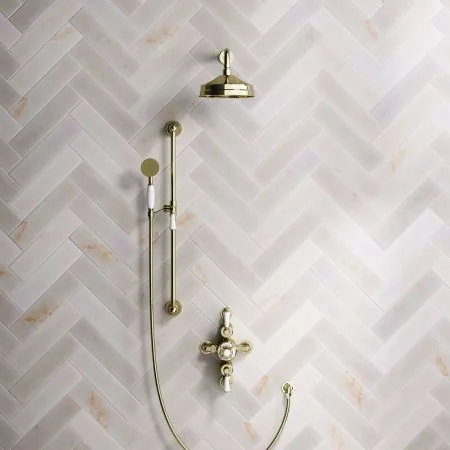 Linton Classic Dual Outlet Shower Kit - Semi-Exposed Valve - 8 inch Rose - White Ceramic Lever - Handshower Slider-Rail - Timeless Brass