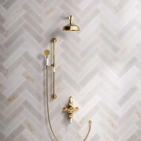 Linton Dual Outlet Shower Kit - Semi-Exposed Valve - 8 inch Rose - White Ceramic Lever - Handshower Slider-Rail - Living Brass