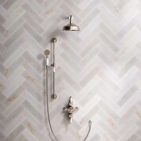 Linton Dual Outlet Semi Exposed Shower with Slider Rail, 300mm Wall Arm, 8" Rose & White Levers in Polished Nickel