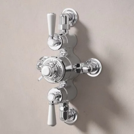 Linton Classic Dual Outlet Semi Exposed Shower with Handheld Shower Hook, 210mm Ceiling Arm & 6" Rose - White Lever - Chrome