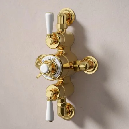 Linton Dual Outlet Shower Kit - Semi-Exposed Valve - 6 inch Rose - White Ceramic Lever - Handheld Shower Hook - Ceiling Mounted Rose - Living Brass