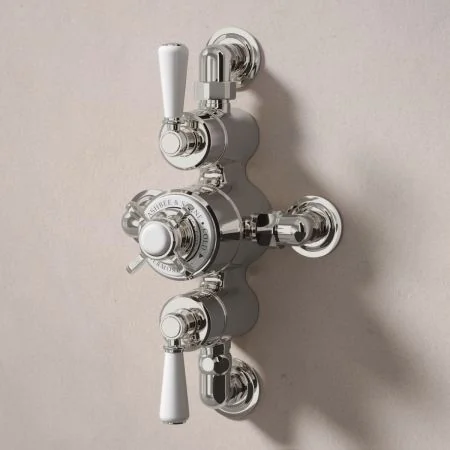 Linton Classic Dual Outlet Semi Exposed Shower with Handheld Shower Hook, 210mm Ceiling Arm & 6" Rose - White Lever - Polished Nickel