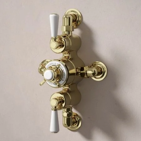 Linton Dual Outlet Shower Kit - Semi-Exposed Valve - 8 inch Rose - White Ceramic Lever - Handheld Shower Hook - Ceiling Mounted Rose - Timeless Brass