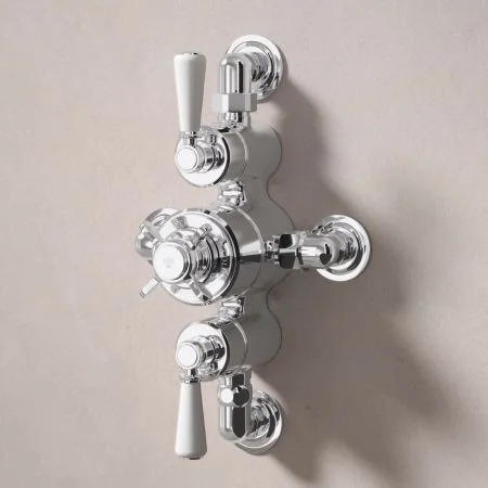 Linton Dual Outlet Semi Exposed Shower with Handheld Shower Hook, 210mm Ceiling Arm & 6" Rose - White Lever - Chrome