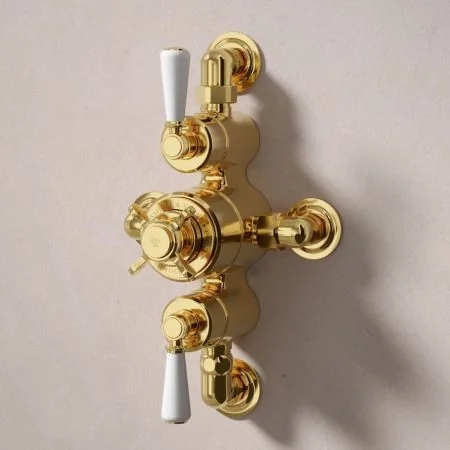 Linton Dual Outlet Shower Kit - Semi-Exposed Valve - 6 inch Rose - White Ceramic Lever - Handheld Shower Slider-Rail - Living Brass