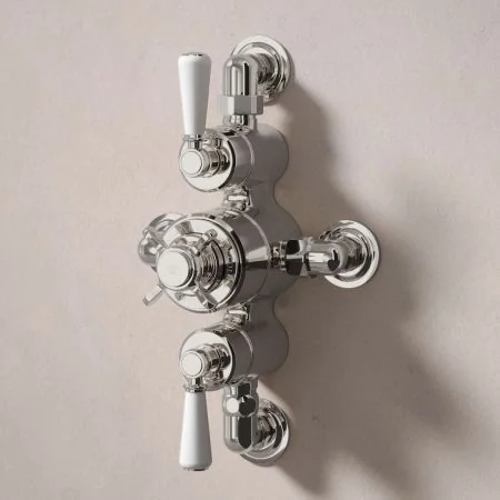 Linton Dual Outlet Semi Exposed Shower with Handheld Shower Hook, 210mm Ceiling Arm & 6" Rose - White Lever - Polished Nickel