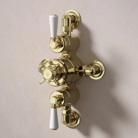 Linton Dual Outlet Shower Kit - Semi-Exposed Valve - 6 inch Rose - 500mm Shower Arm - White Ceramic Lever - Handheld Shower Hook - Timeless Brass