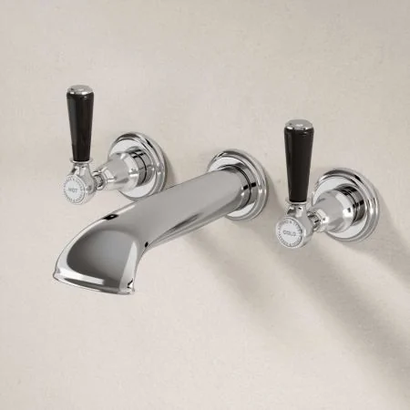 Linton Wall Mounted 3 Hole Bath Filler - Black Lever - Chrome