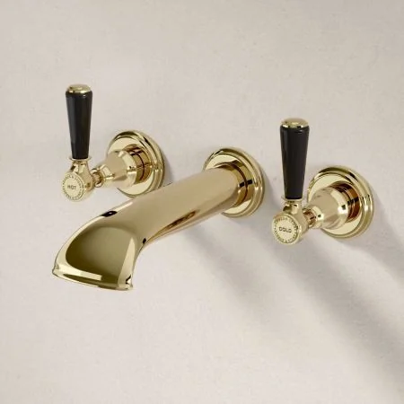 Linton - 3-Hole Bath Filler - Wall Mounted - Black Lever - Timeless Brass