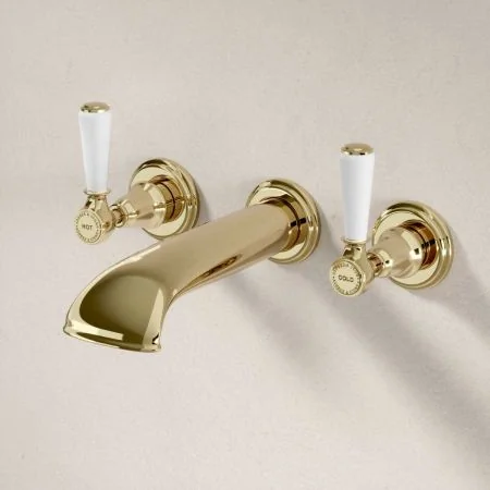 Linton - 3-Hole Bath Filler - Wall Mounted - White Lever - Timeless Brass