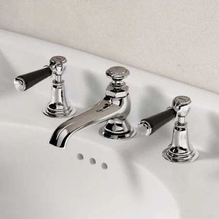 Linton Deck Mounted 3 Hole Basin Mixer with Pop Up Waste - Black Lever - Chrome