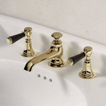Linton Black Lever 3 Hole Basin Mixer C/W Pop Up Waste Timeless Brass
