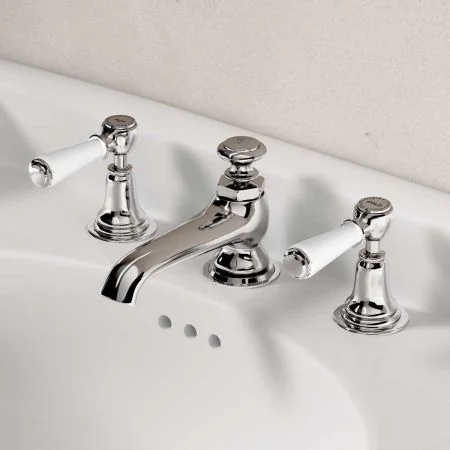Linton Deck Mounted 3 Hole Basin Mixer with Pop Up Waste - White Lever - Chrome
