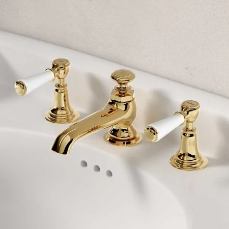 Linton Deck Mounted 3 Hole Basin Mixer with Pop Up Waste - White Lever - Brass