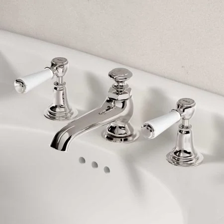 Linton Deck Mounted 3 Hole Basin Mixer with Pop Up Waste - White Lever - Nickel