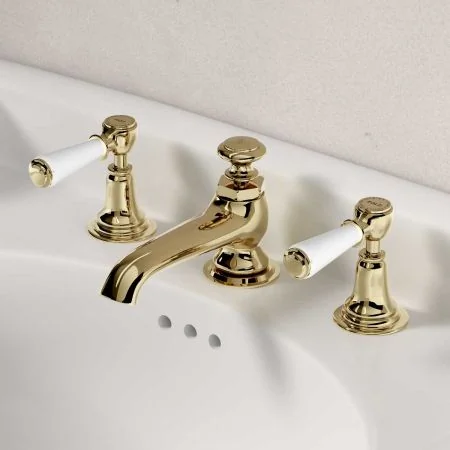 Linton White Lever 3 Hole Basin Mixer C/W Pop Up Waste Timeless Brass