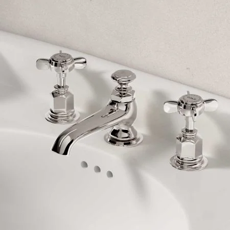 Linton Deck Mounted 3 Hole Basin Mixer with Pop Up Waste - Crosshead - Nickel